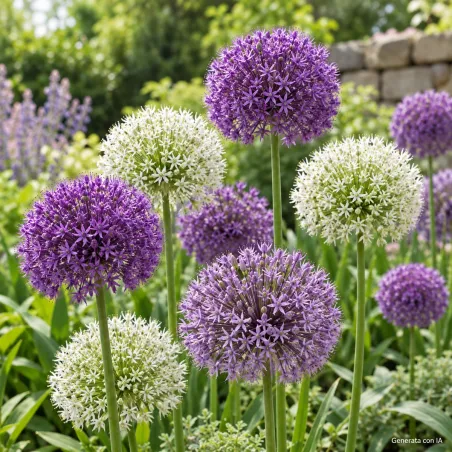 Allium viola e bianco mix in fiore - immagine generata con IA