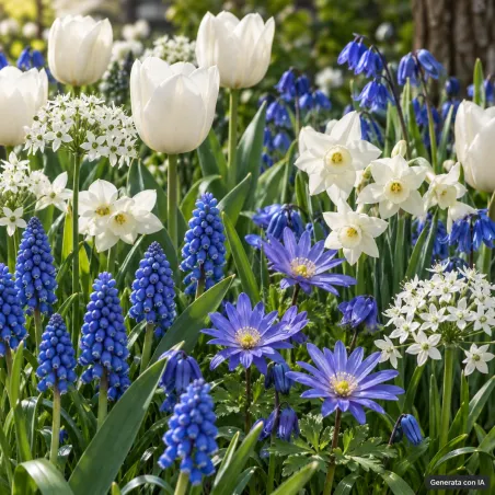 Garden Blue JUB Holland - rappresentazione del mix di fiori blu e bianchi generata con IA