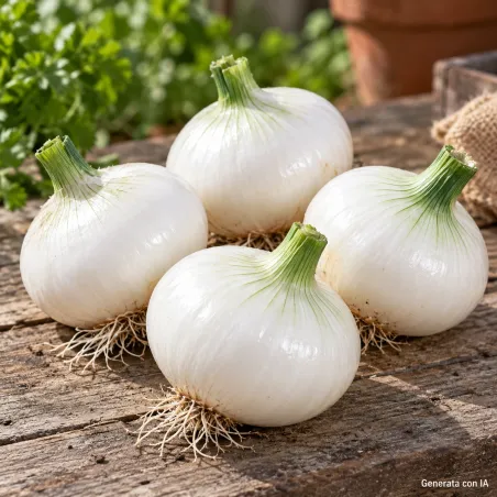 Cipolla Bianca di Maggio con bulbi bianchi tondeggianti