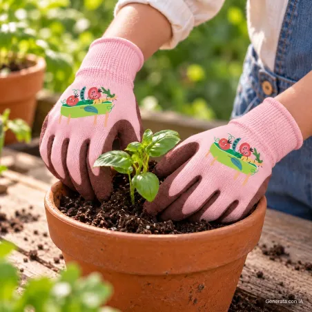 Esempio di utilizzo dei guanti bimbo VERDEMAX rosa durante un rinvaso, immagine generata con IA