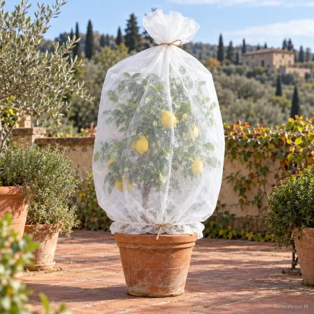 Esempio di tubolare TNT chiuso alle estremità per proteggere un limone in vaso, immagine generata con IA