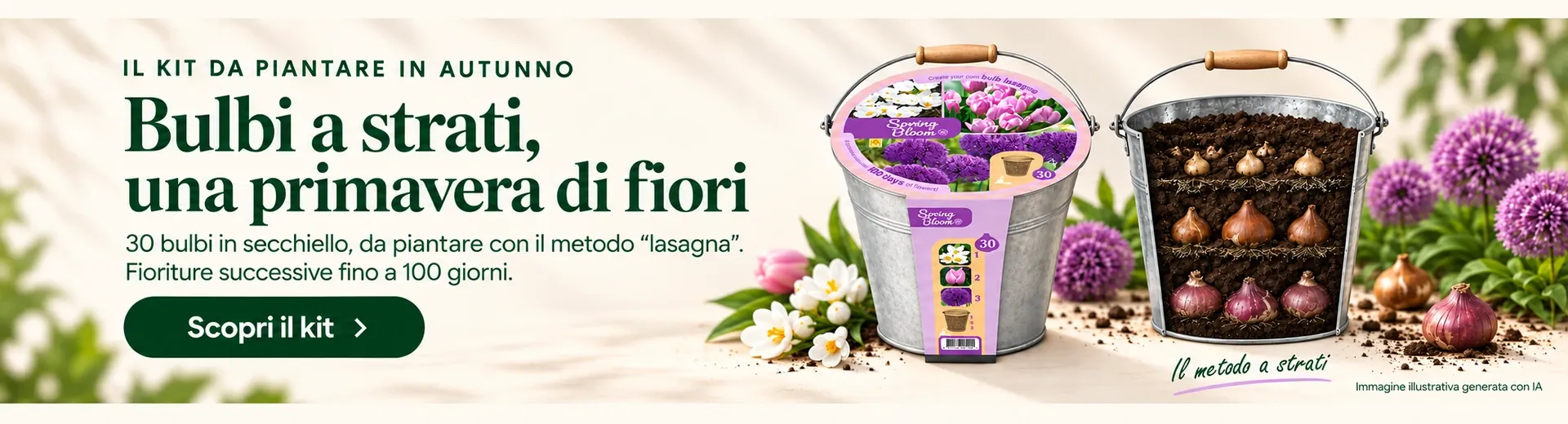 Kit Lasagna di Bulbi Spring Bloom JUB Holland: 30 bulbi da piantare a strati per fioriture successive fino a 100 giorni. Scopri il kit.